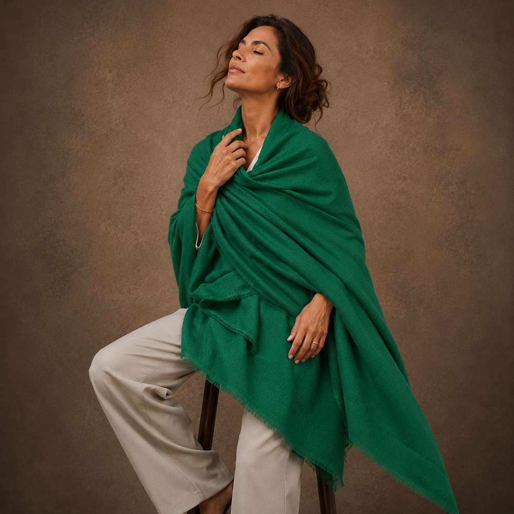 Julian Oversized handwoven pure cashmere scarf-Green