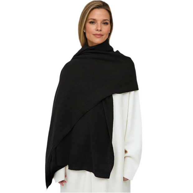 Black Large 100% Cashmere 2 ply knitted Julian Travel Wrap- New Soulful Cashmere Collection