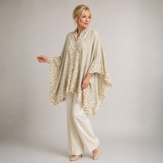 Julian Cashmere Knitted Oversized Cape Shawl with Lace -More style available