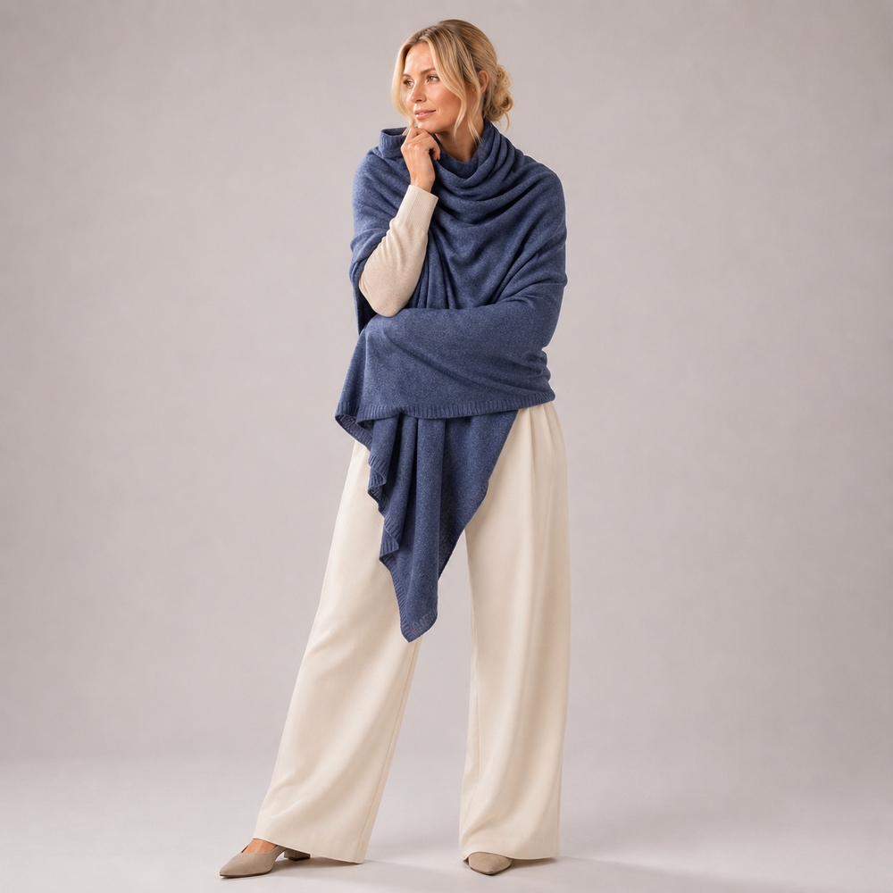Denim Blue Julian 100% Cashmere Knitted 2 Ply  Extra large Travel Wrap/Shawl