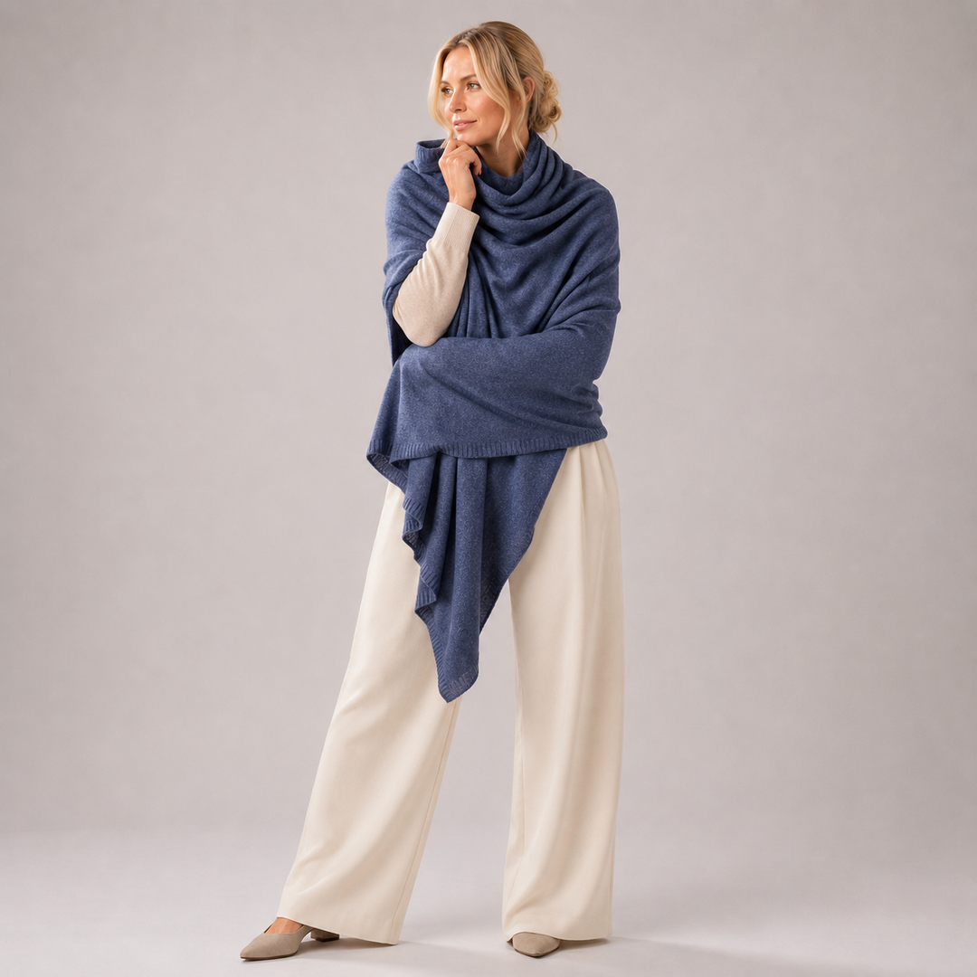 Denim Blue Julian 100% Cashmere Knitted 2 Ply  Extra large Travel Wrap/Shawl