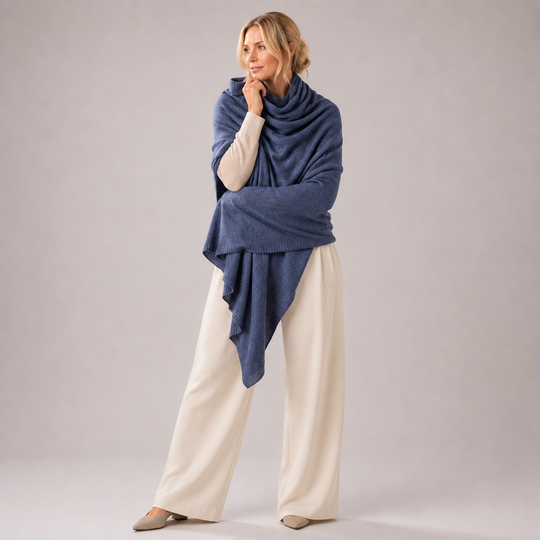 Denim Blue Julian 100% Cashmere Knitted 2 Ply  Extra large Travel Wrap/Shawl