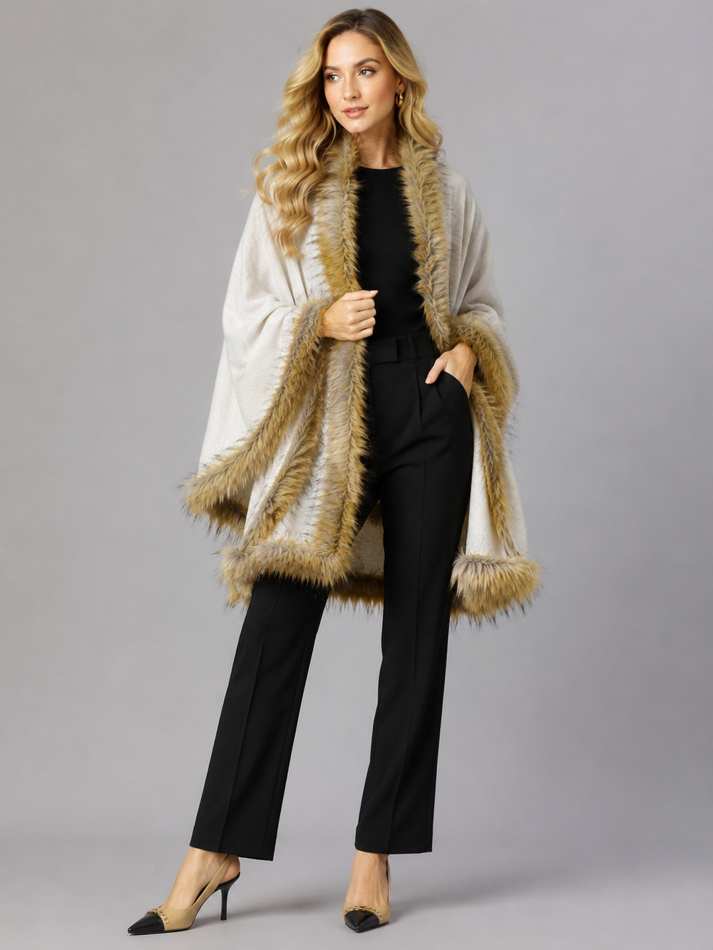 Faux Fur Ivory 100% Cashmere Handwoven Shawl Wrap