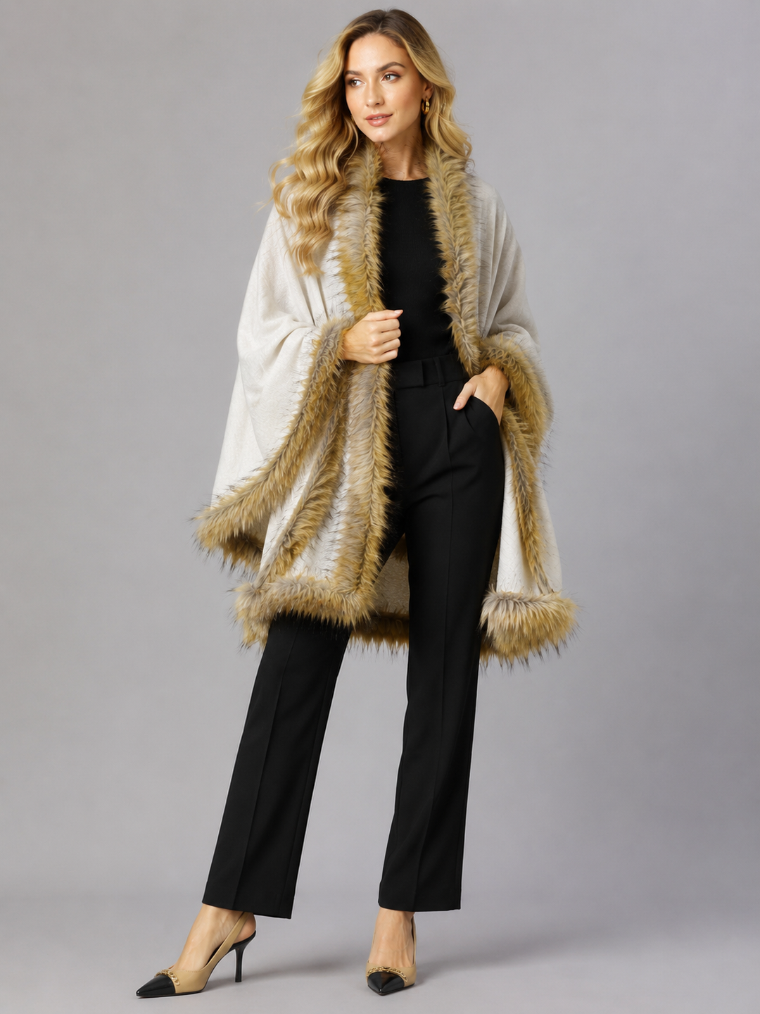 Faux Fur Ivory 100% Cashmere Handwoven Shawl Wrap