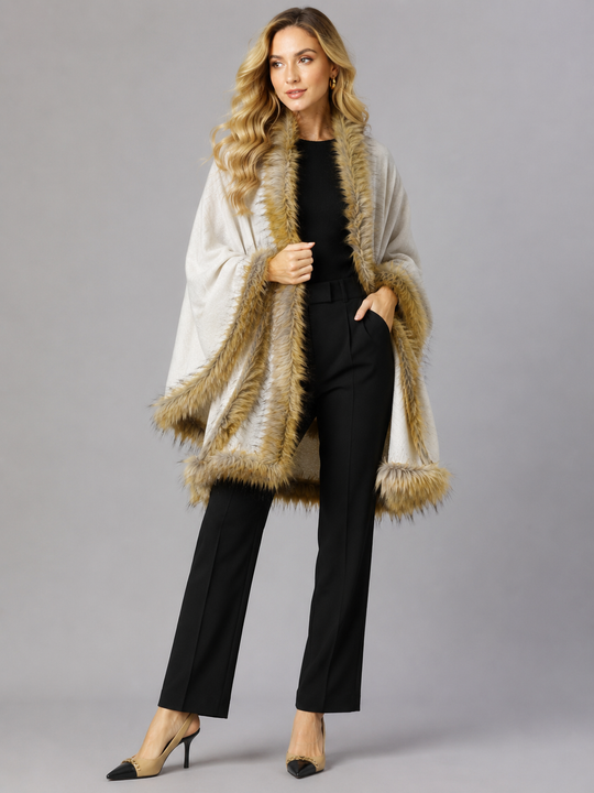 Faux Fur Ivory 100% Cashmere Handwoven Shawl Wrap