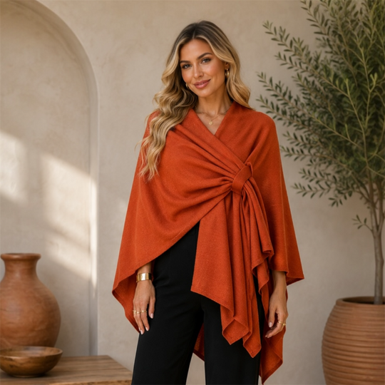 RITZY Front Closure Luxurious Maya Winter Cardigan Poncho Sweater Burnt Orange