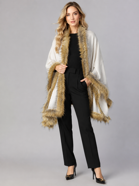 Faux Fur Ivory 100% Cashmere Handwoven Shawl Wrap