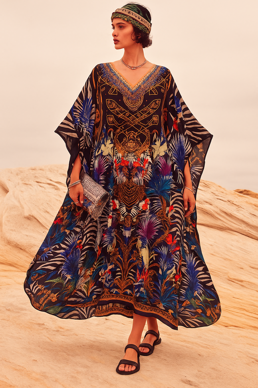 Black Maya Silk Mix Bling Kaftan.         Sizes Available AU 12-32