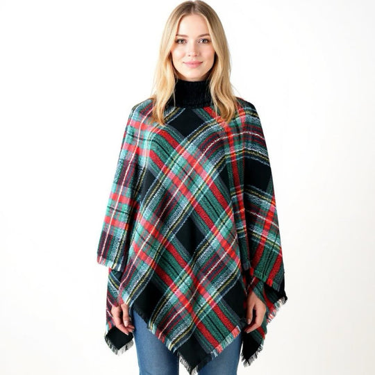 Deia Multi Checks Poncho Shawl with Neckwarmer