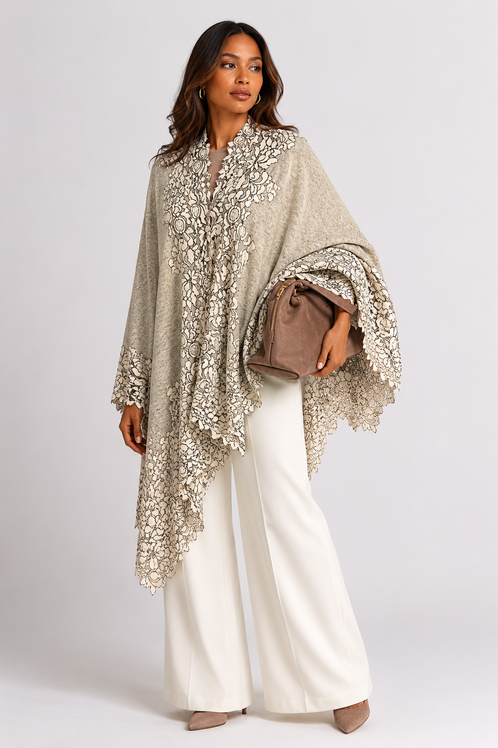 Heather Grey Oversized Julian 100% Cashmere Knitted Cape Shawl with Lace