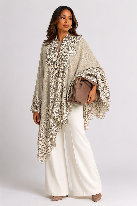 Heather Grey Oversized Julian 100% Cashmere Knitted Cape Shawl with Lace
