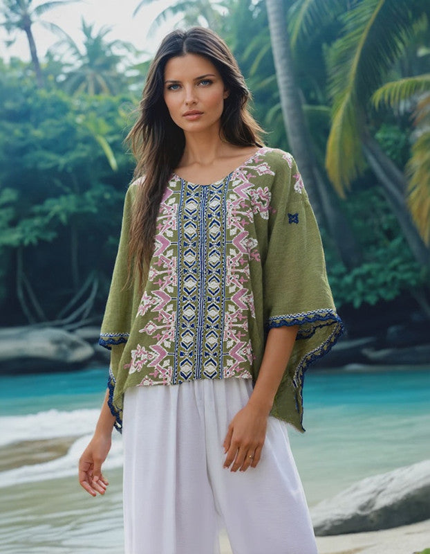 Olive Embroidered Maya Top Tunic KaftanOSFA 14-24
