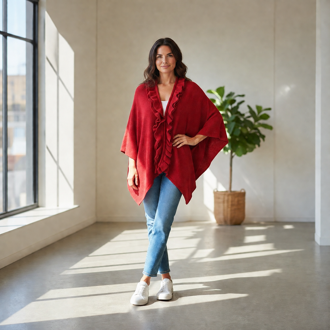 Burgundy Free Size Cape with Ruffle Trim