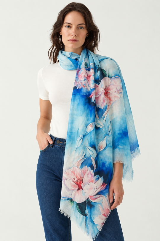 Mklane Cashmere Ultra fine Julian Wearable Art Scarf-Coastal Mangolia