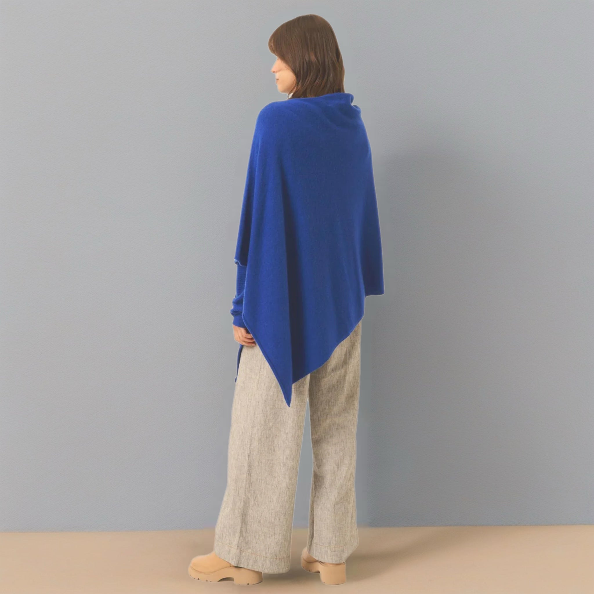 Blue Pure Cashmere Wool Oversized Julian Poncho
