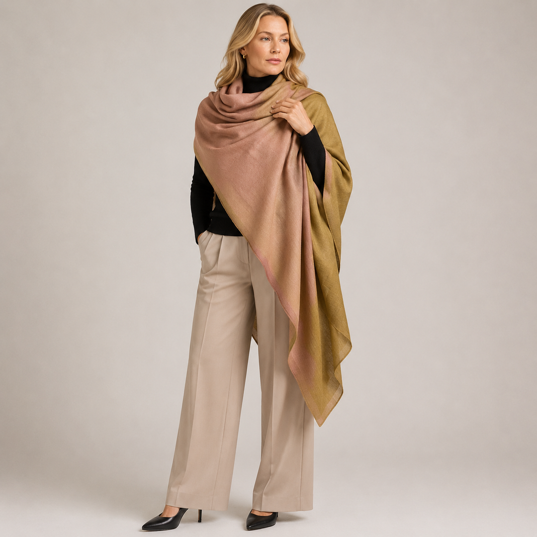 Rose Natural & Olive Handwoven Pure Cashmere Julian Wrap Shawl.
