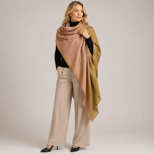 Rose Natural & Olive Handwoven Pure Cashmere Julian Wrap Shawl.