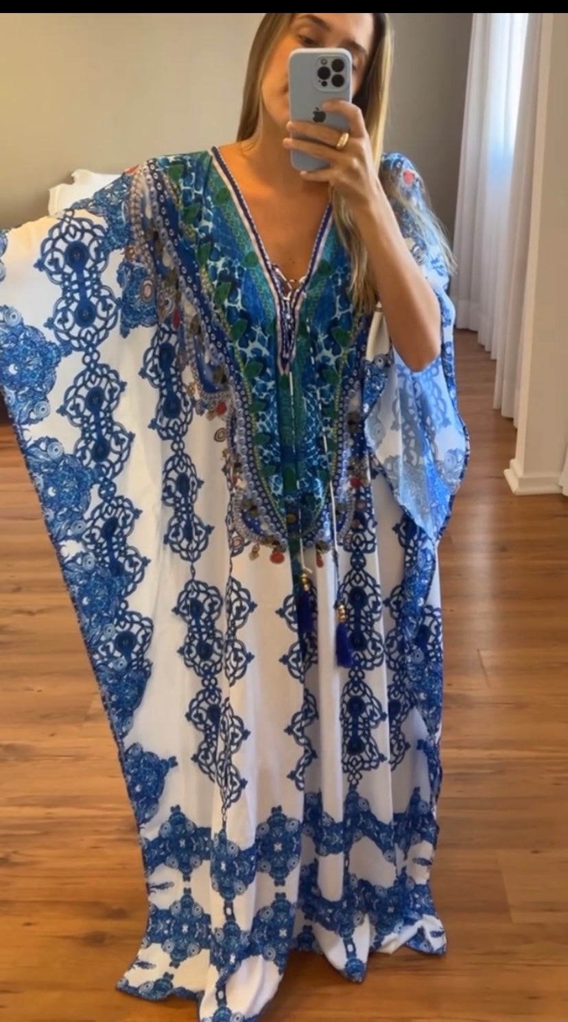 Coco Bella Oceania White Blue kaftan 12-20