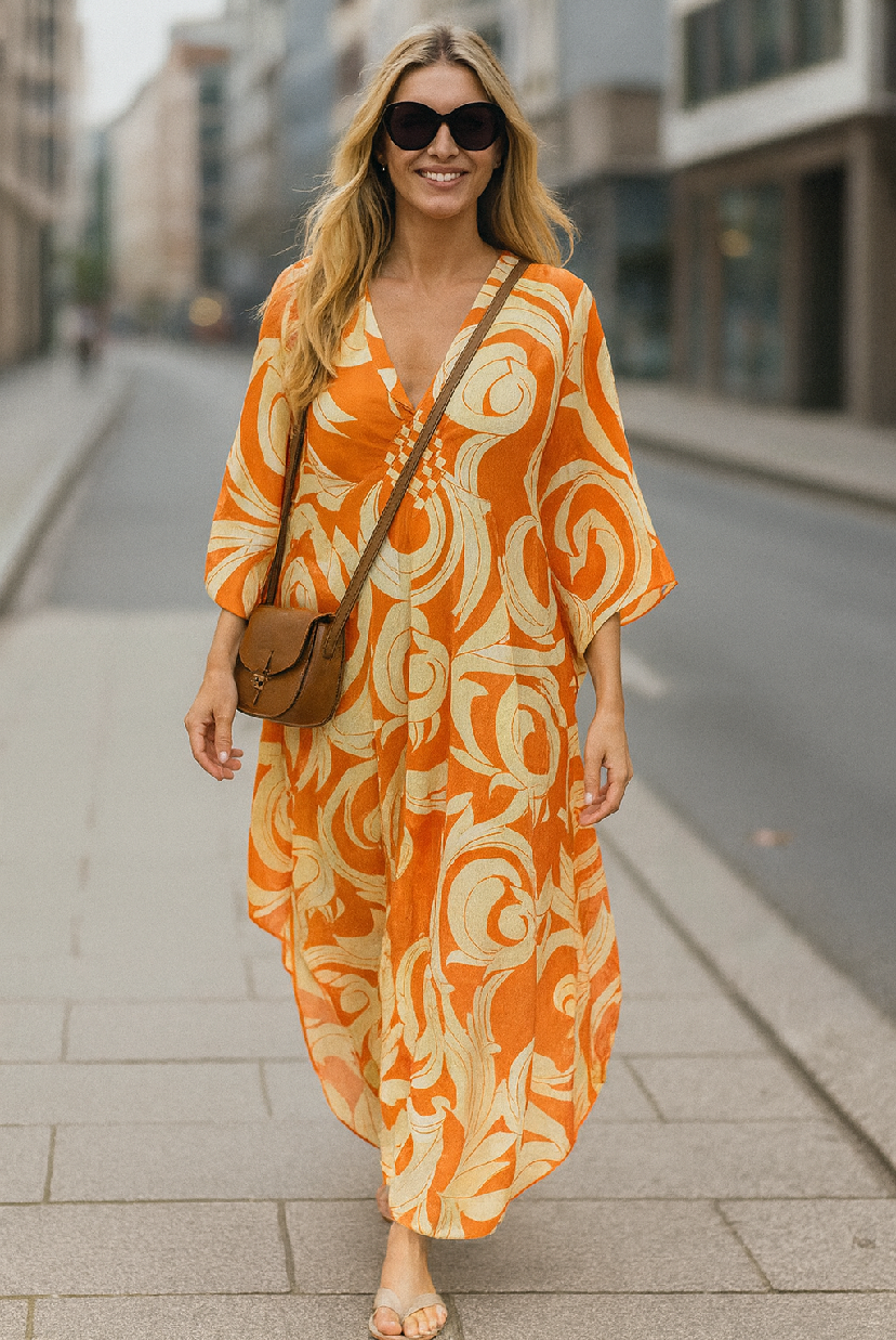 Orange Maya Tropical Loose, Casual Kaftan -  AU 8-20