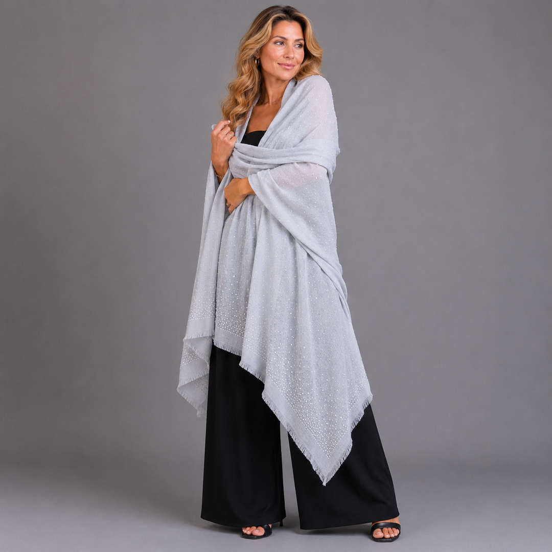 Pearl Grey Julian Cashmere Pashmina Swarovski Crystals Handwoven Wedding Wrap Shawl