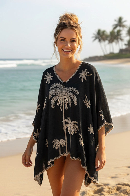 Black Palms Embroidered Maya Top Tunic Kaftan O/S 14-22