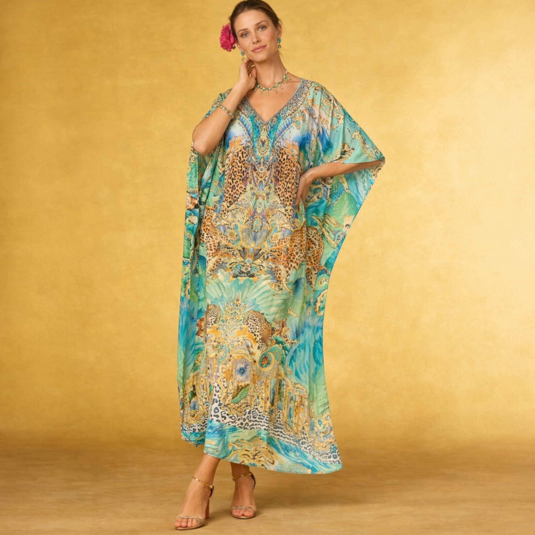 Aqua Miraza Maya Mix Silk Embellished Bling Kaftan.            Sizes Available AU 12-32