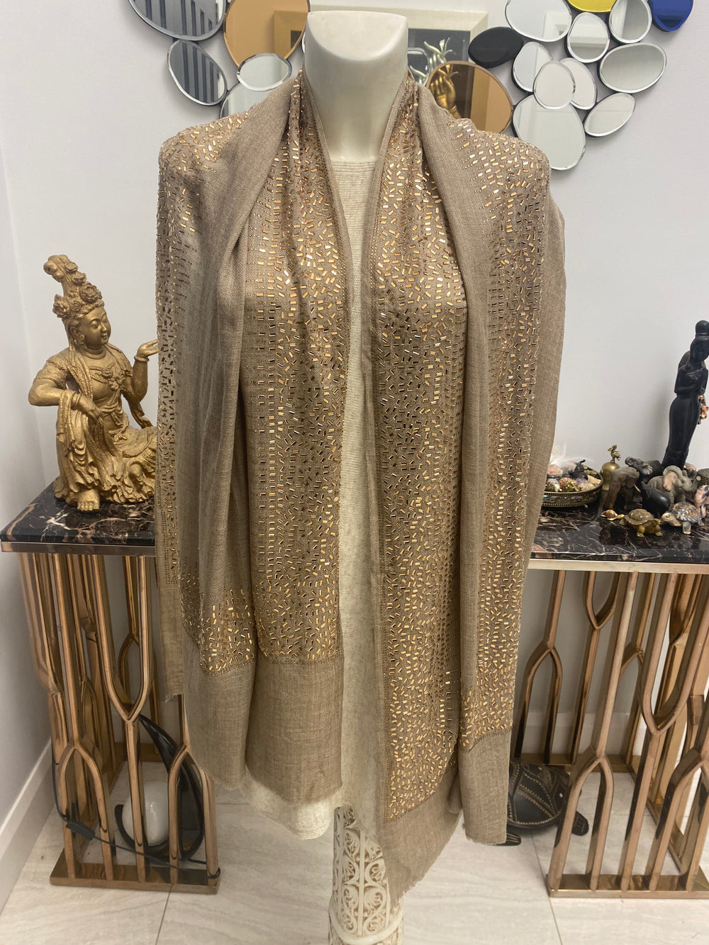 Julian Pure Cashmere Bronze Beaded Crystals Handwoven Wedding Wrap Scarf