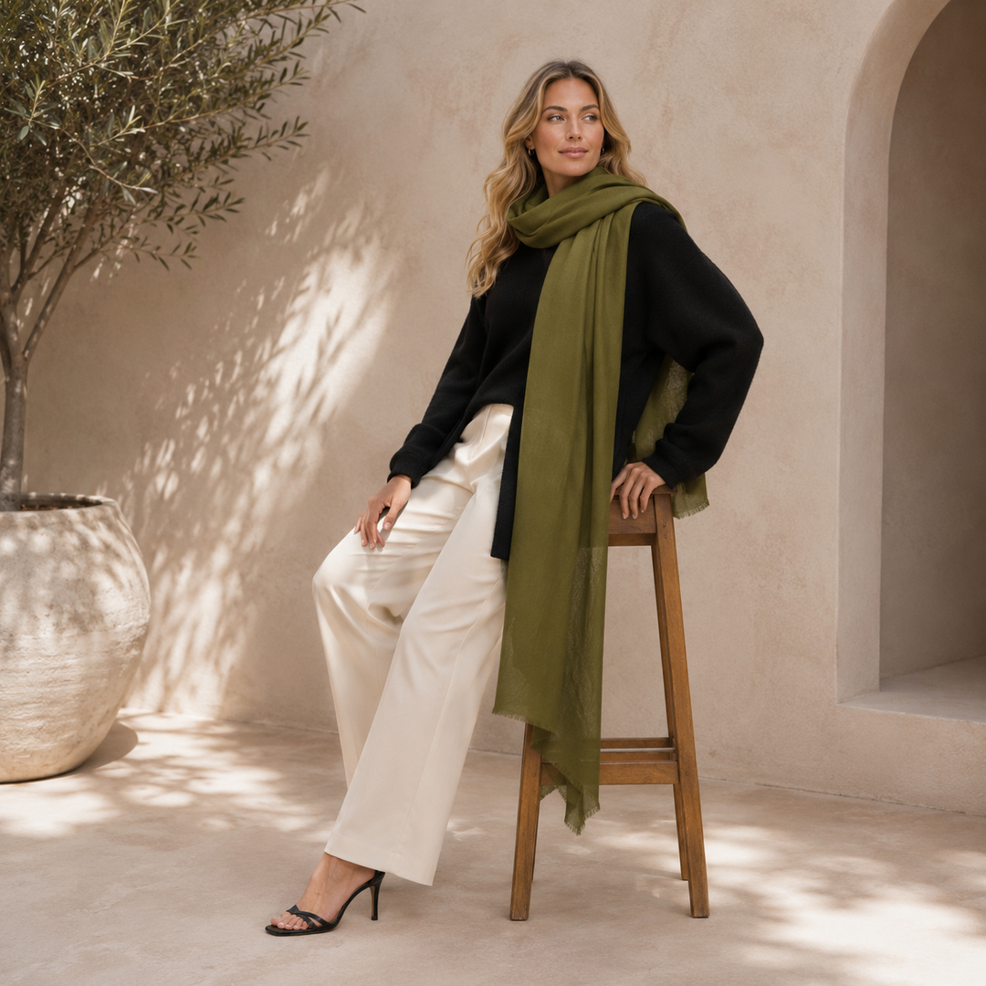 Olive Green Julian 100% Cashmere Ultra fine  oversized scarf/ wrap/ shawl