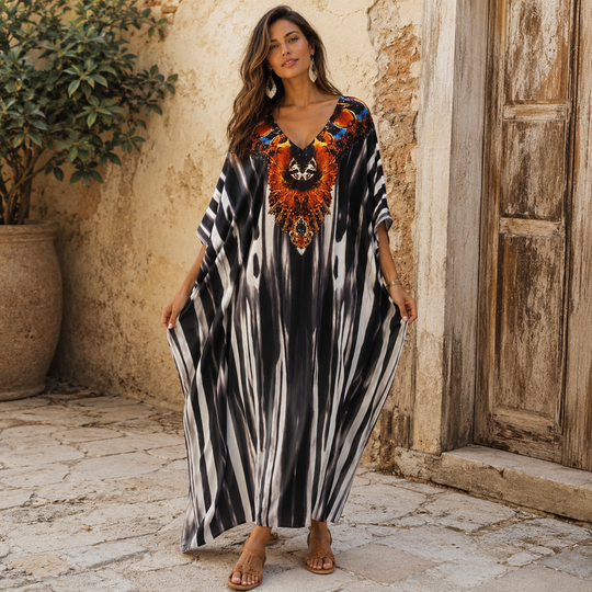 Maya Black Tropical Loose, Casual Kaftan - AU 8-20
