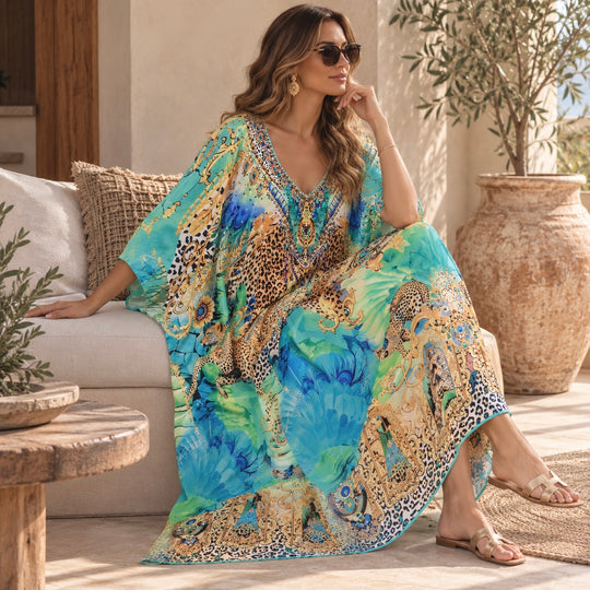Mirza Maya Mix Silk Embellished Bling Kaftan.            Sizes Available AU 12-32