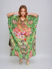 Green Salena Maya Silk Mix Bling Kaftan.                                 Sizes Available AU 12-28