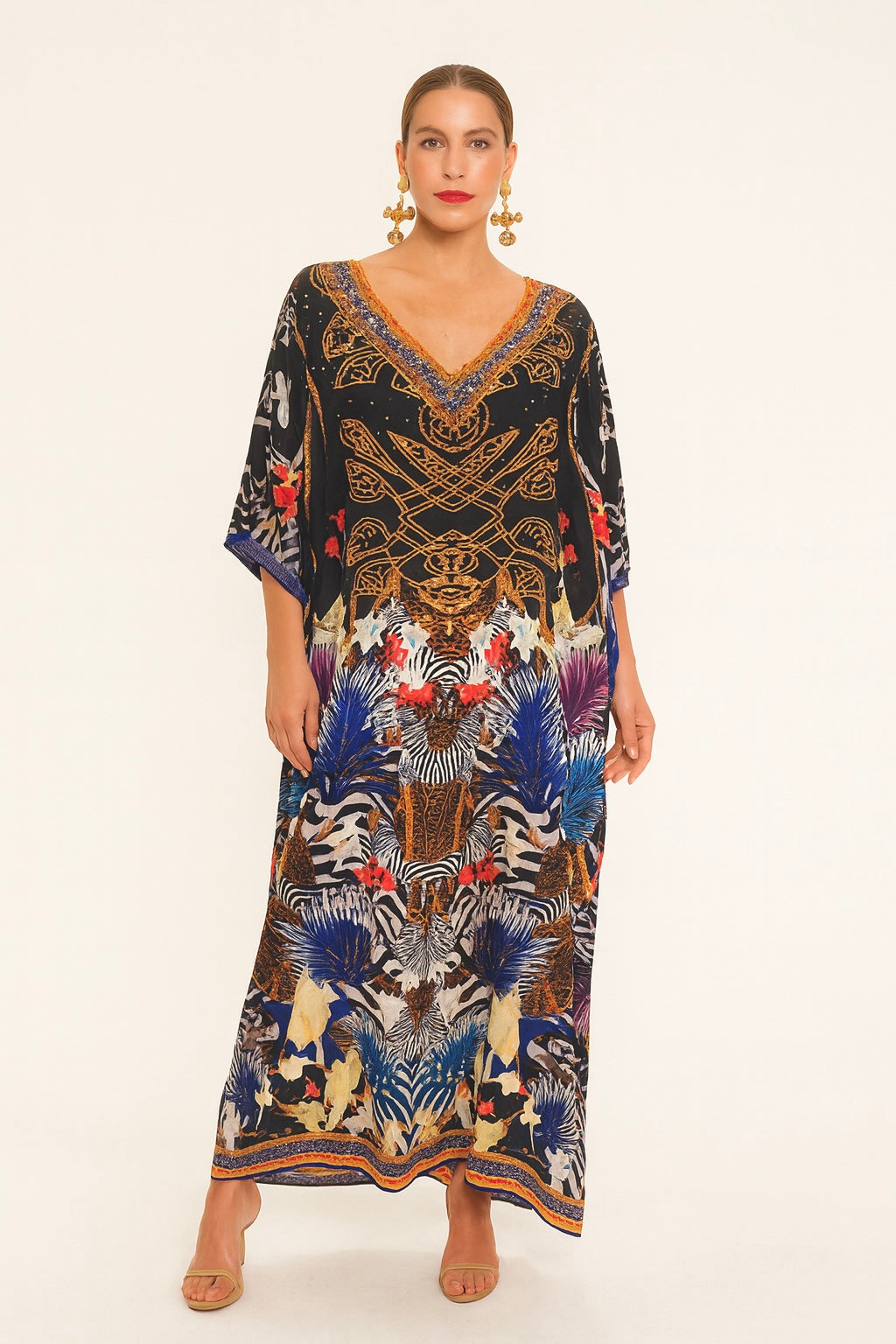Black Royals Maya Silk Mix Bling Kaftan.         Sizes Available AU 12-32