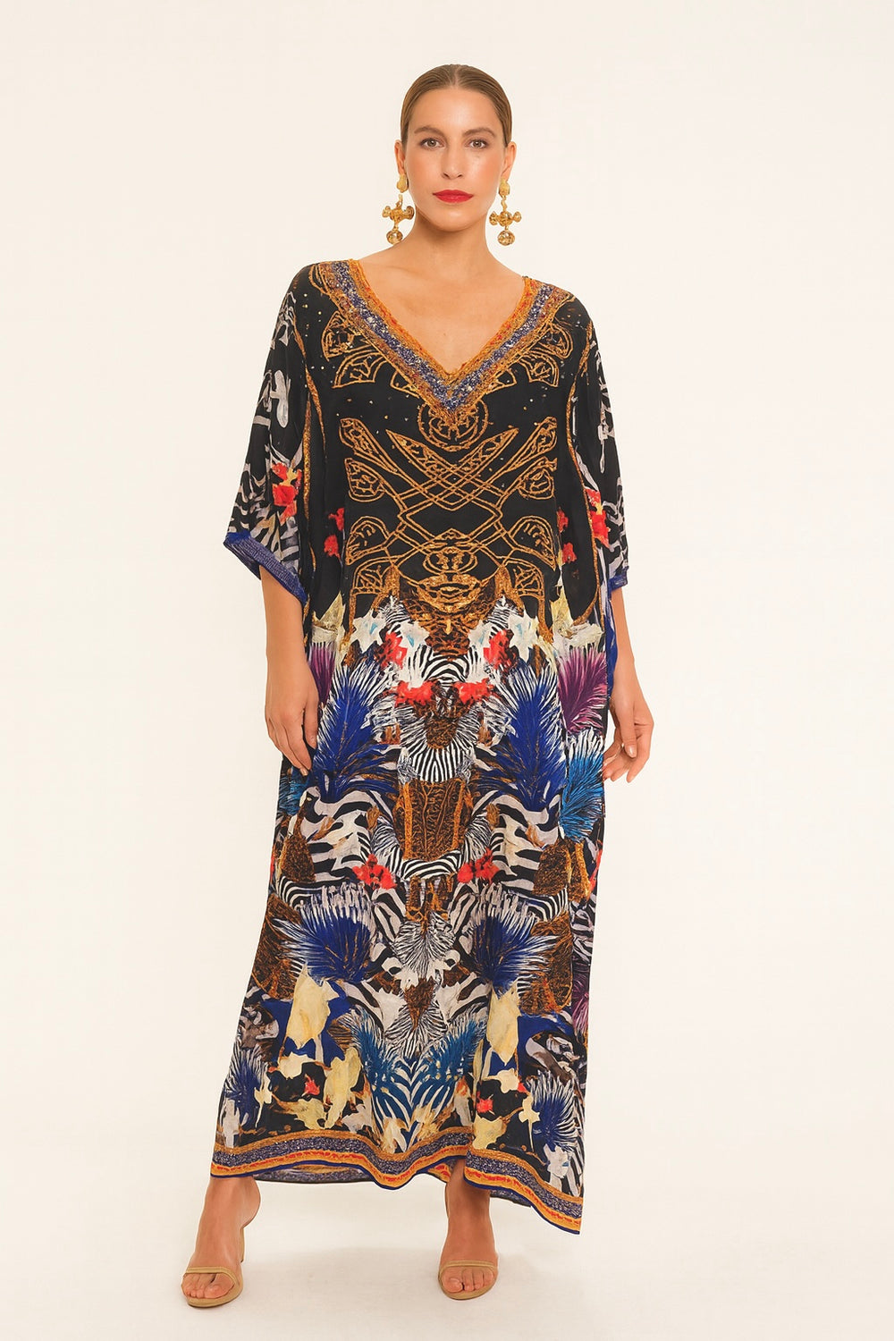 Black Royals Maya Silk Mix Bling Kaftan.         Sizes Available AU 12-32