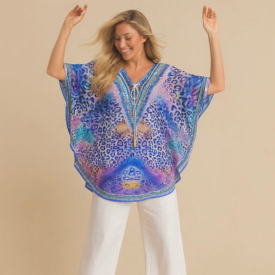 Lilac Kyra 100% Viscose Silk Embellished Tunic Top-AU 10-20