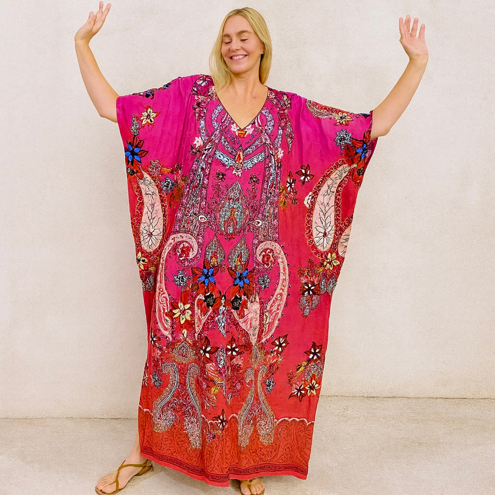 Fuchsia Red Pasely Maya Rayon kaftan dress - Sizes Available AU 14-30