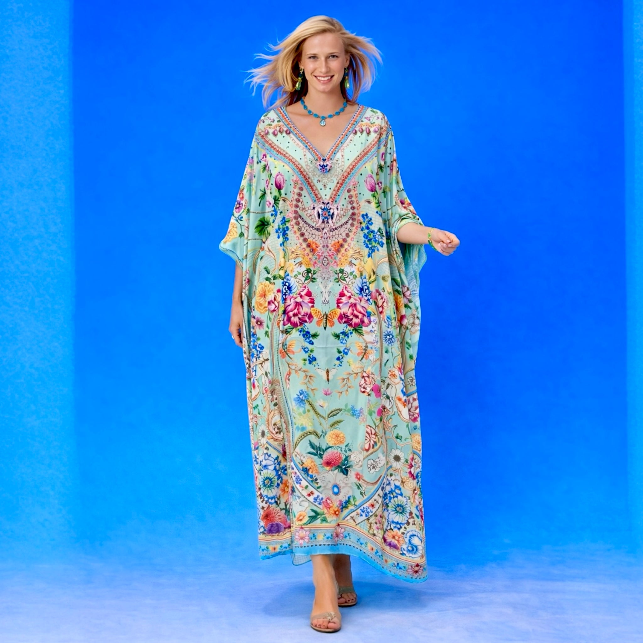 Sea Royals Maya Silk Mix Bling Kaftan.         Sizes Available AU 14-32