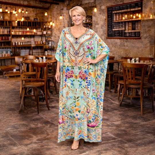 Sea Royals Maya Mix Silk Embellished Bling Kaftan.            Sizes Available AU 12-32