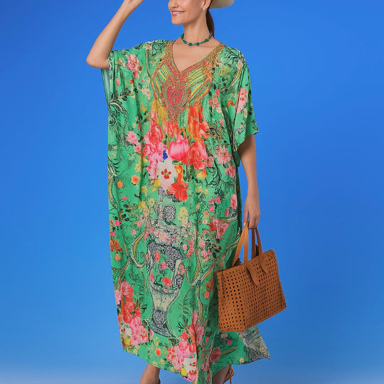 Glory Green Maya Silk Mix Bling Kaftan.   Sizes Available AU 12-32