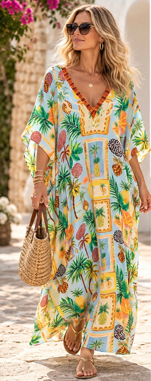 Mklane Maya Azure Tropical Kaftan Dress