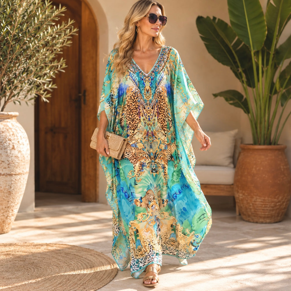 Mirza Maya Mix Silk Embellished Bling Kaftan.            Sizes Available AU 12-32