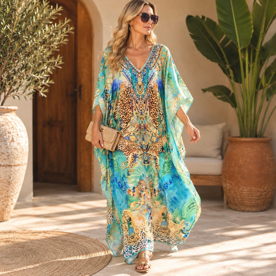 Mirza Maya Mix Silk Embellished Bling Kaftan.            Sizes Available AU 12-32