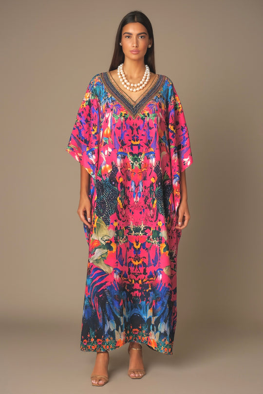 Royal Micaso Fuchsia Maya Silk Mix Bling Kaftan.         Sizes Available AU 12-32