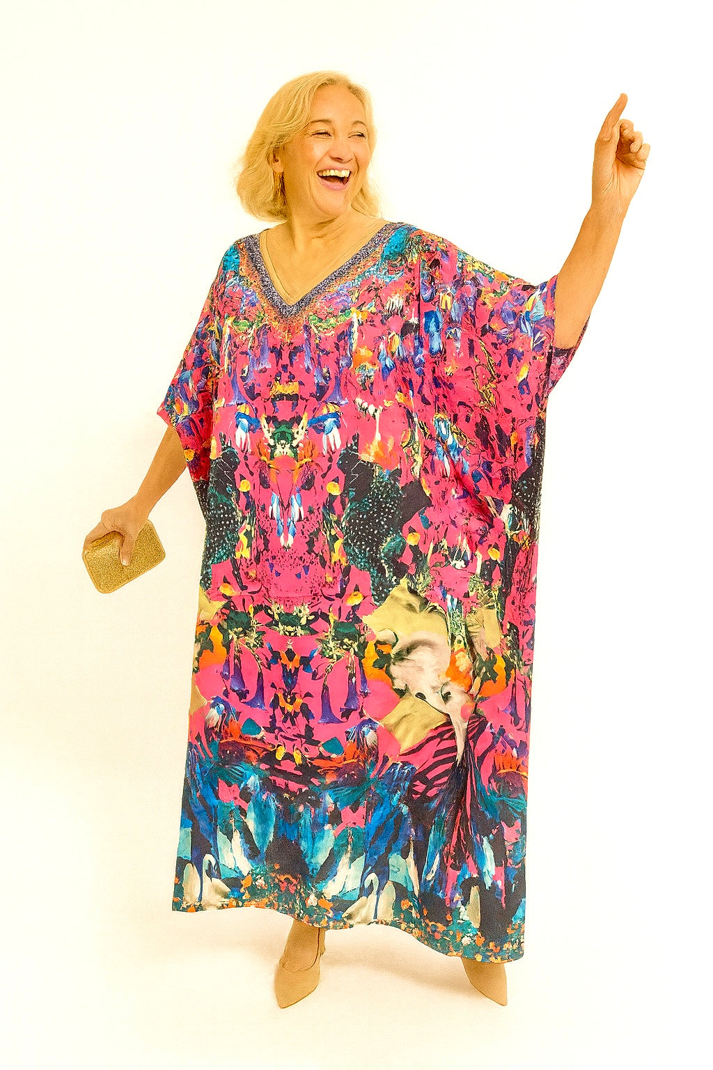 Royal Micaso Maya Silk Mix Bling Kaftan.         Sizes Available AU 12-32