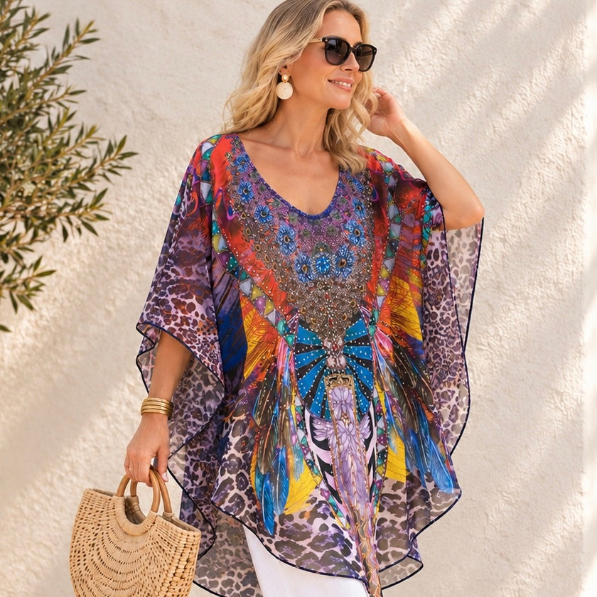 Kyra Relax Fit Bohemian Sheer Embellished  Kaftan Top One Size 10 to 20