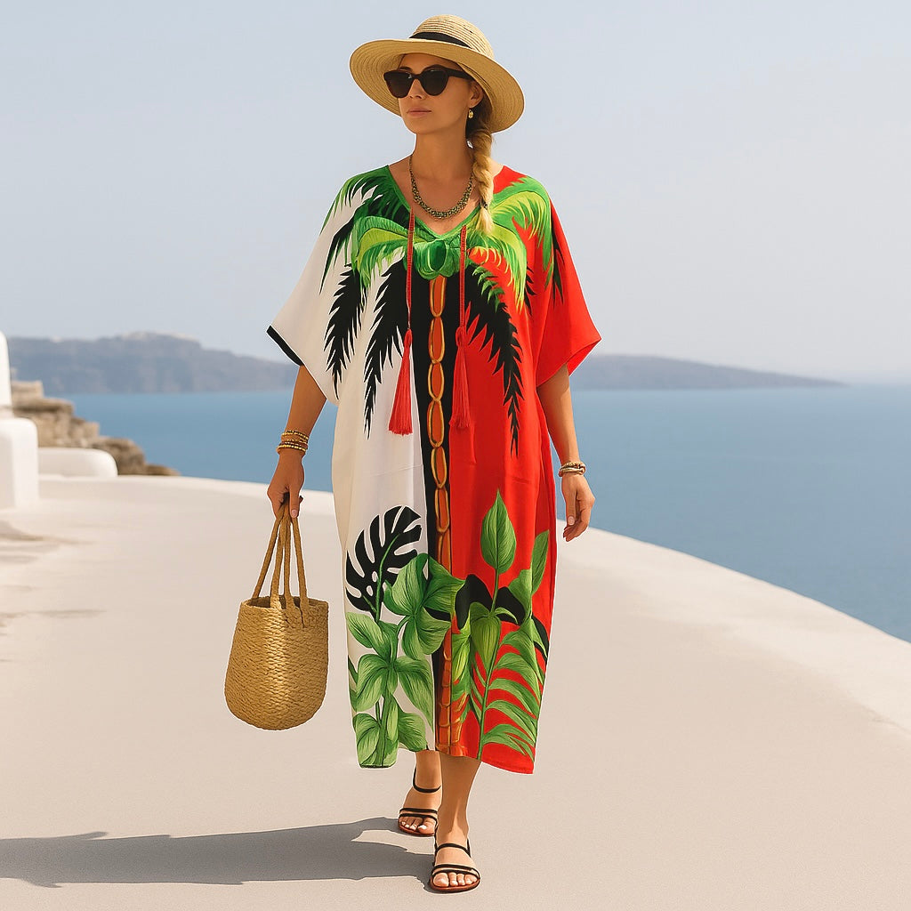 Maya Tropical Red Rayon  Kaftan Dress O/S AU 12-20