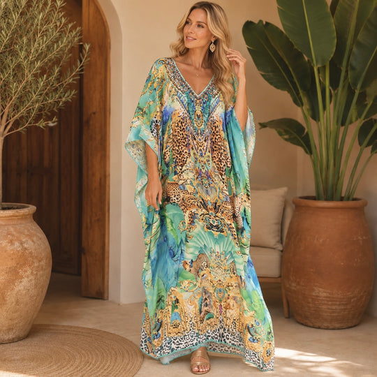 Mirza Maya Mix Silk Embellished Bling Kaftan.            Sizes Available AU 12-32