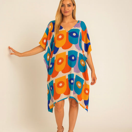 White Geo Plus Size Maya Rayon Tunic Top-One Size AU 26-32
