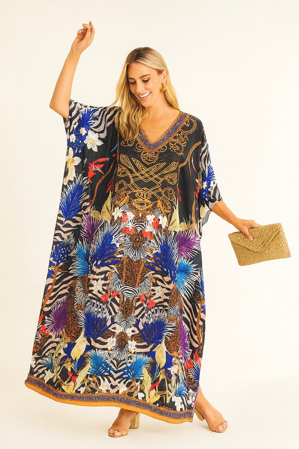 Black Royals Maya Silk Mix Bling Kaftan.         Sizes Available AU 12-32