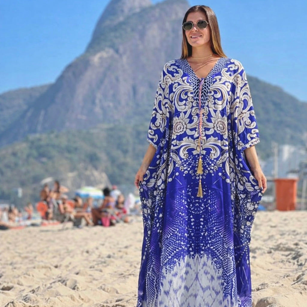 Coco Bella Silk White Ocean kaftan-Sizes Available AU 12-28