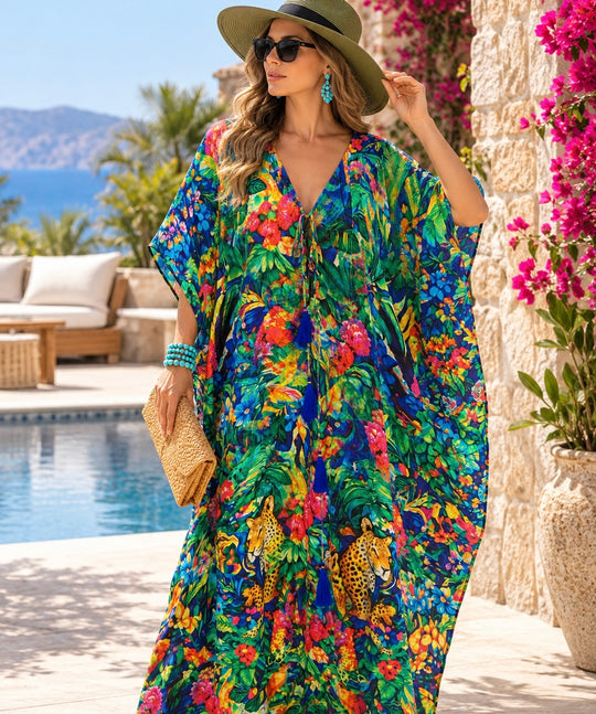 Luxe Silk Tropical Green Coco Bella Kaftan. Sizes Available AU 14-28